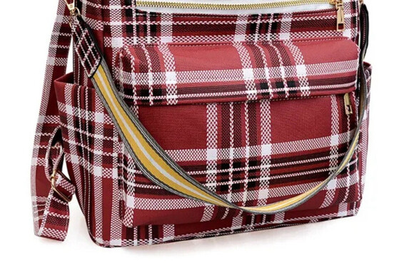 Plaid Pattern Backpack In Red - Picture 2 of 3